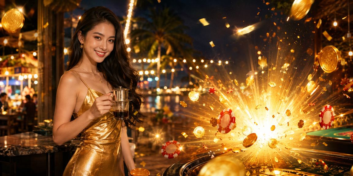 Người dùng thư giãn thưởng thức cà phê tại Phú Quốc bên cạnh thiết bị cá cược